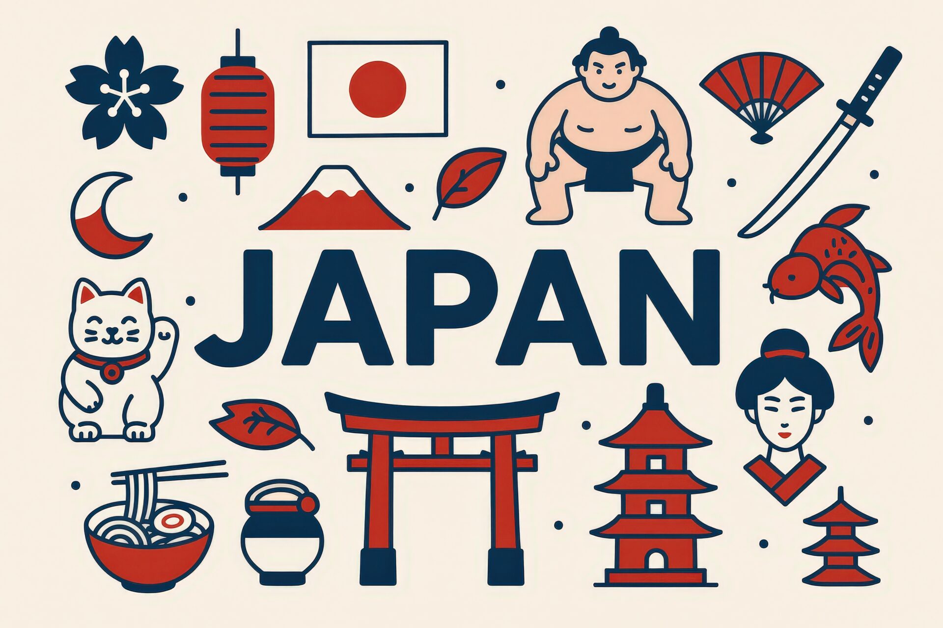 日本の伝統と観光を表現したフラットデザイン