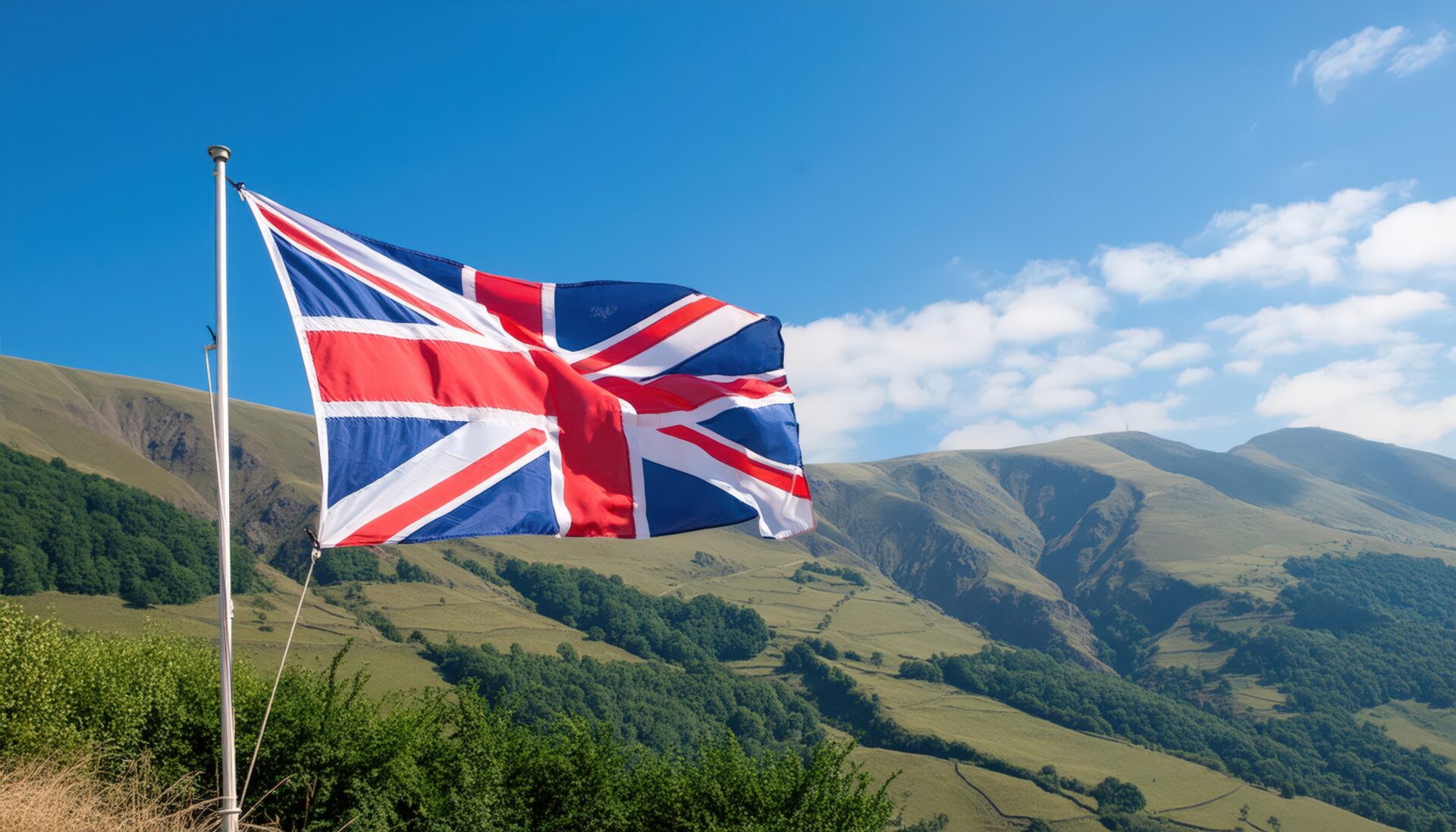 丘と空を背景に揺れるユニオンジャック