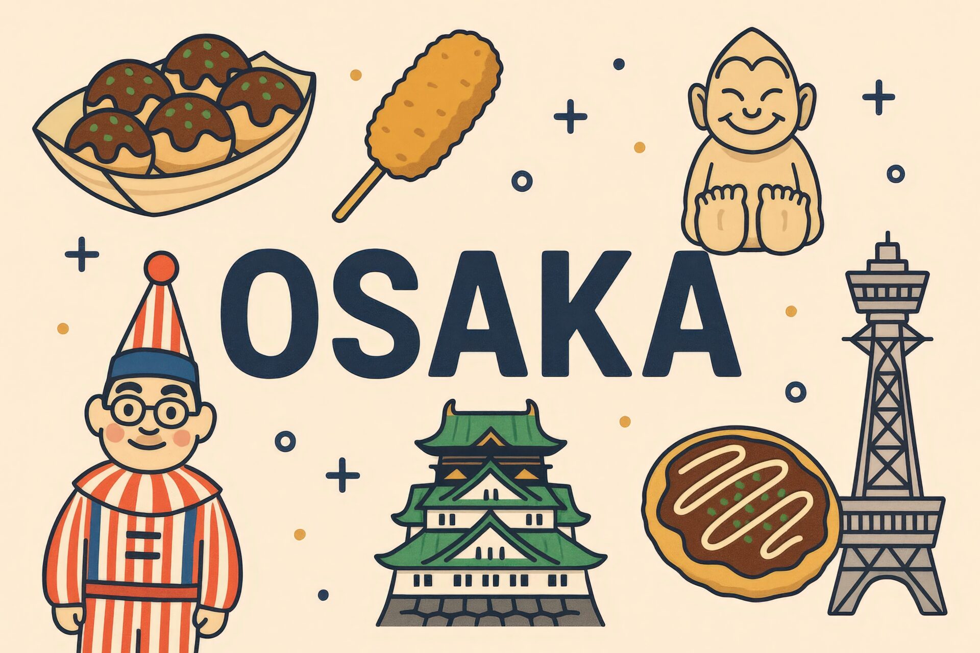 大阪名物をポップに描いたイラスト