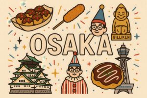 大阪の魅力を表現した賑やかなイラスト