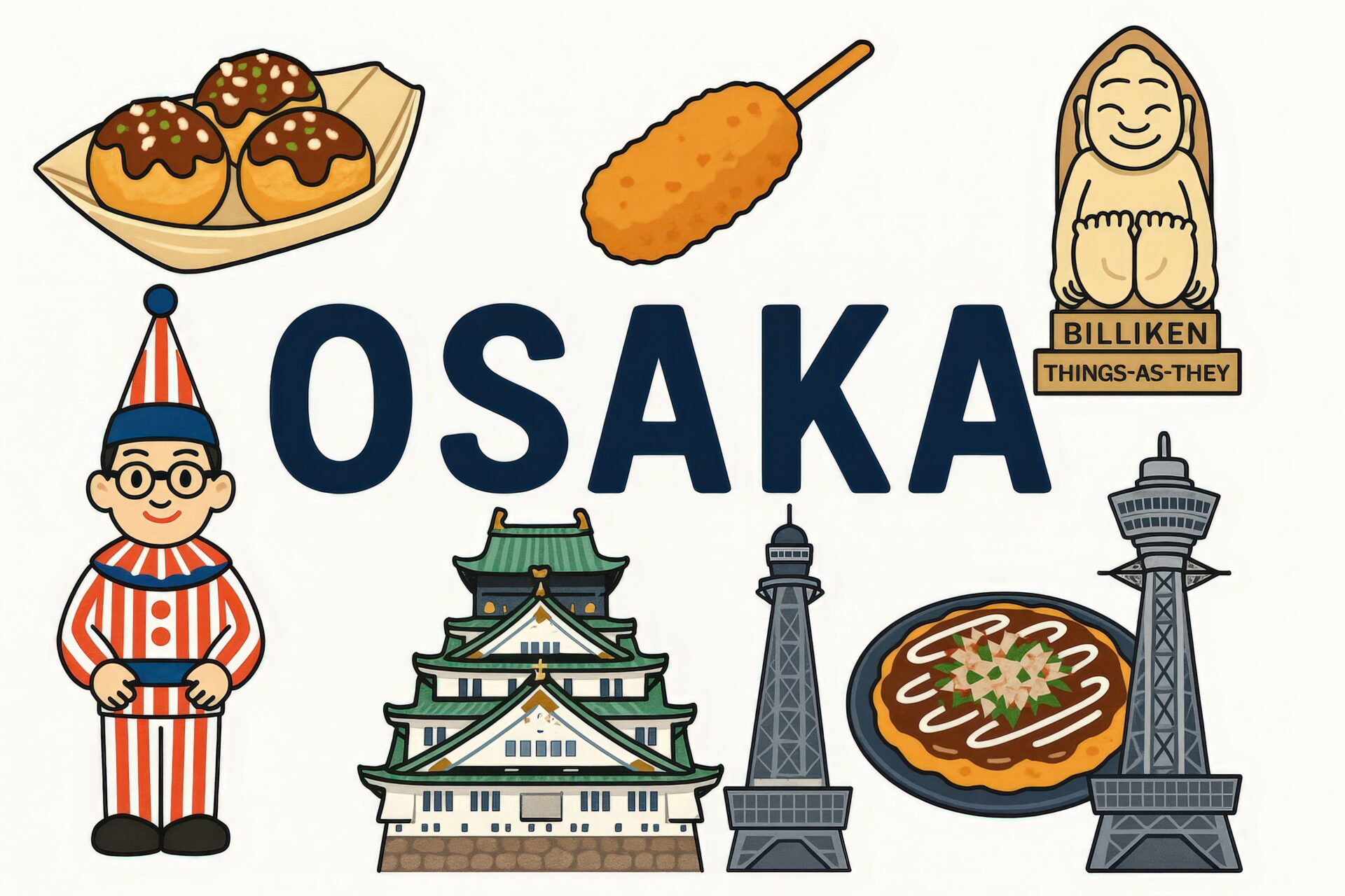 OSAKAの文字を囲む名物イラスト