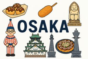 OSAKAの文字を囲む名物イラスト