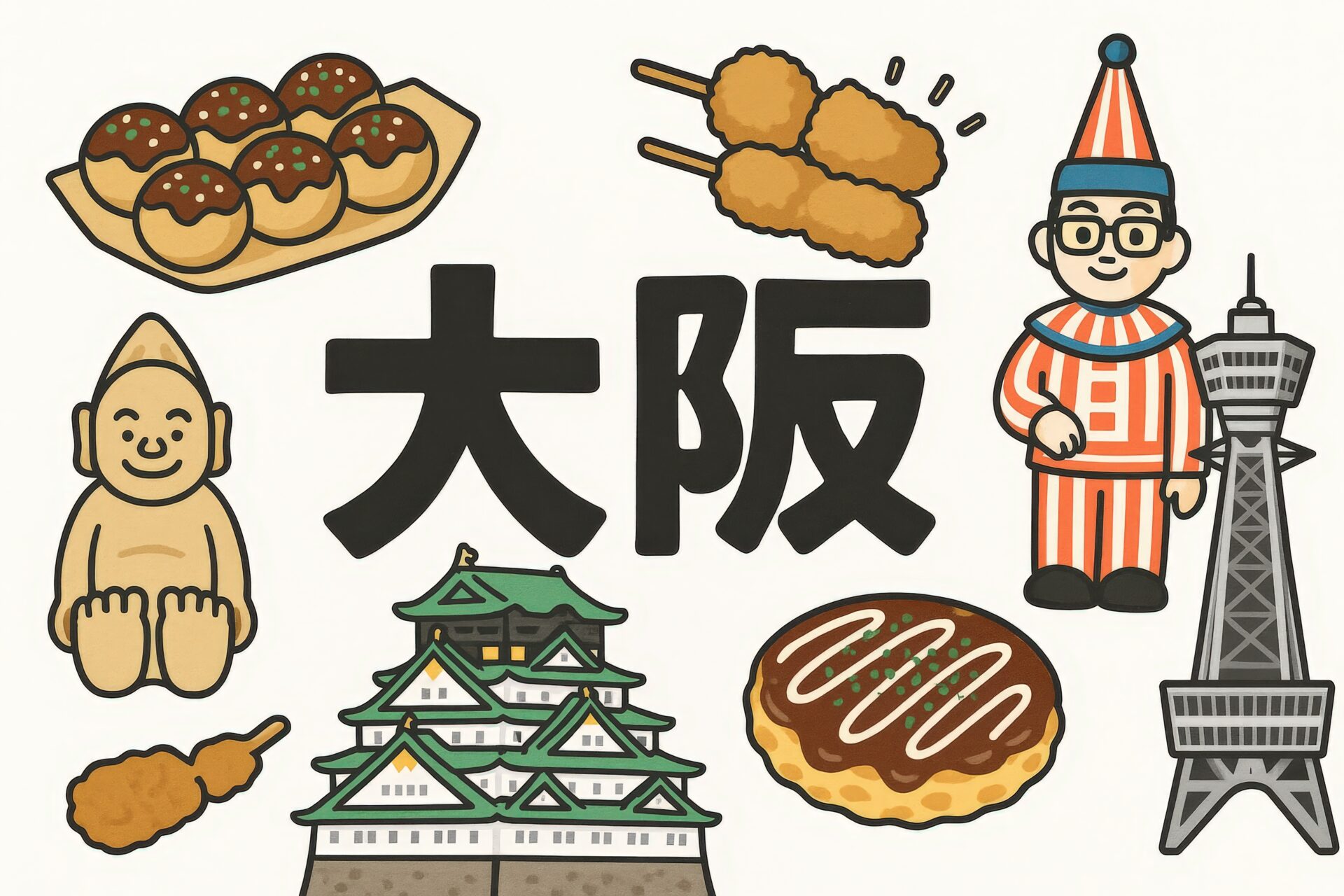 大阪を象徴する観光名所とグルメを描いたイラスト