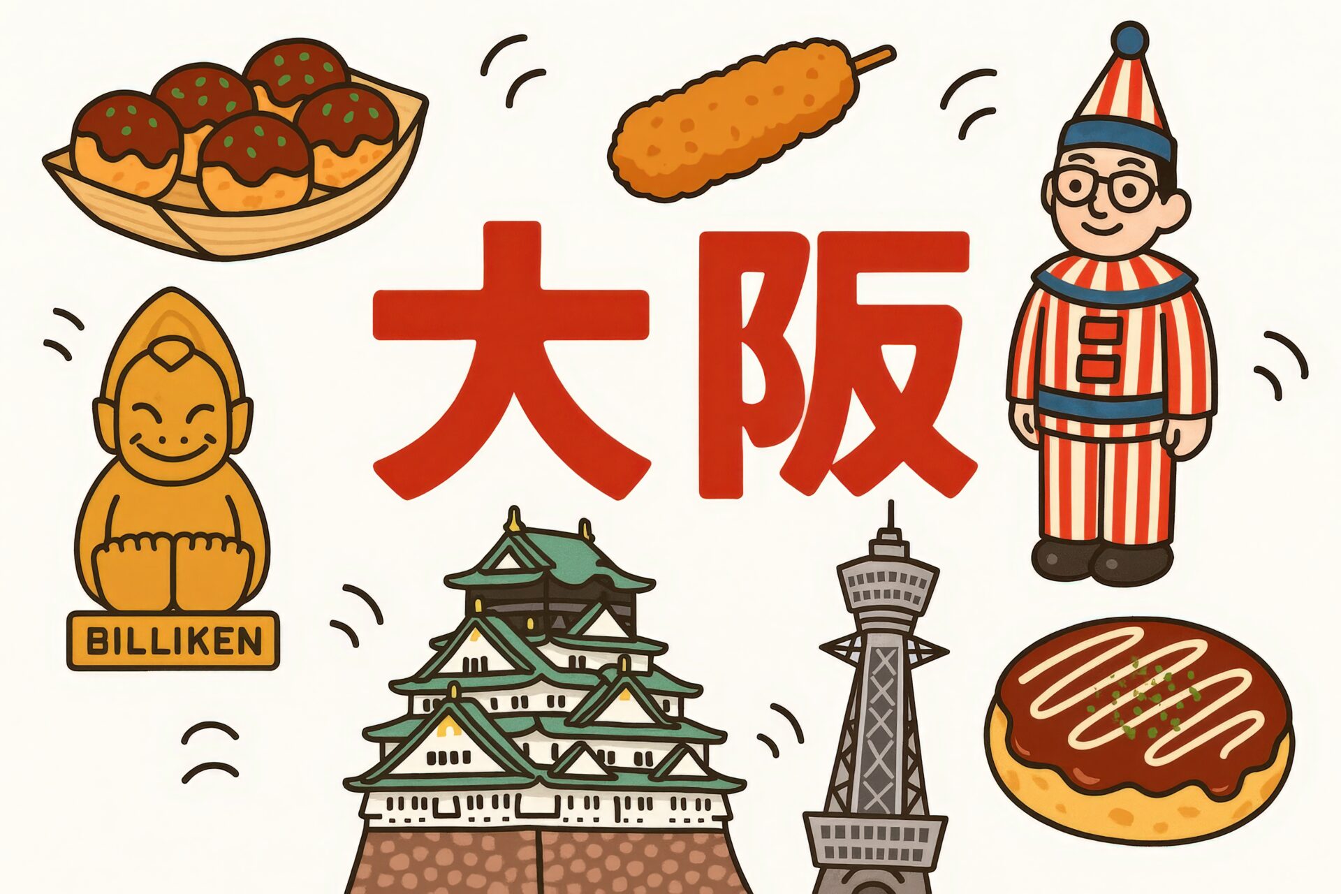 赤い文字の大阪とその周りに名所が描かれたイラスト