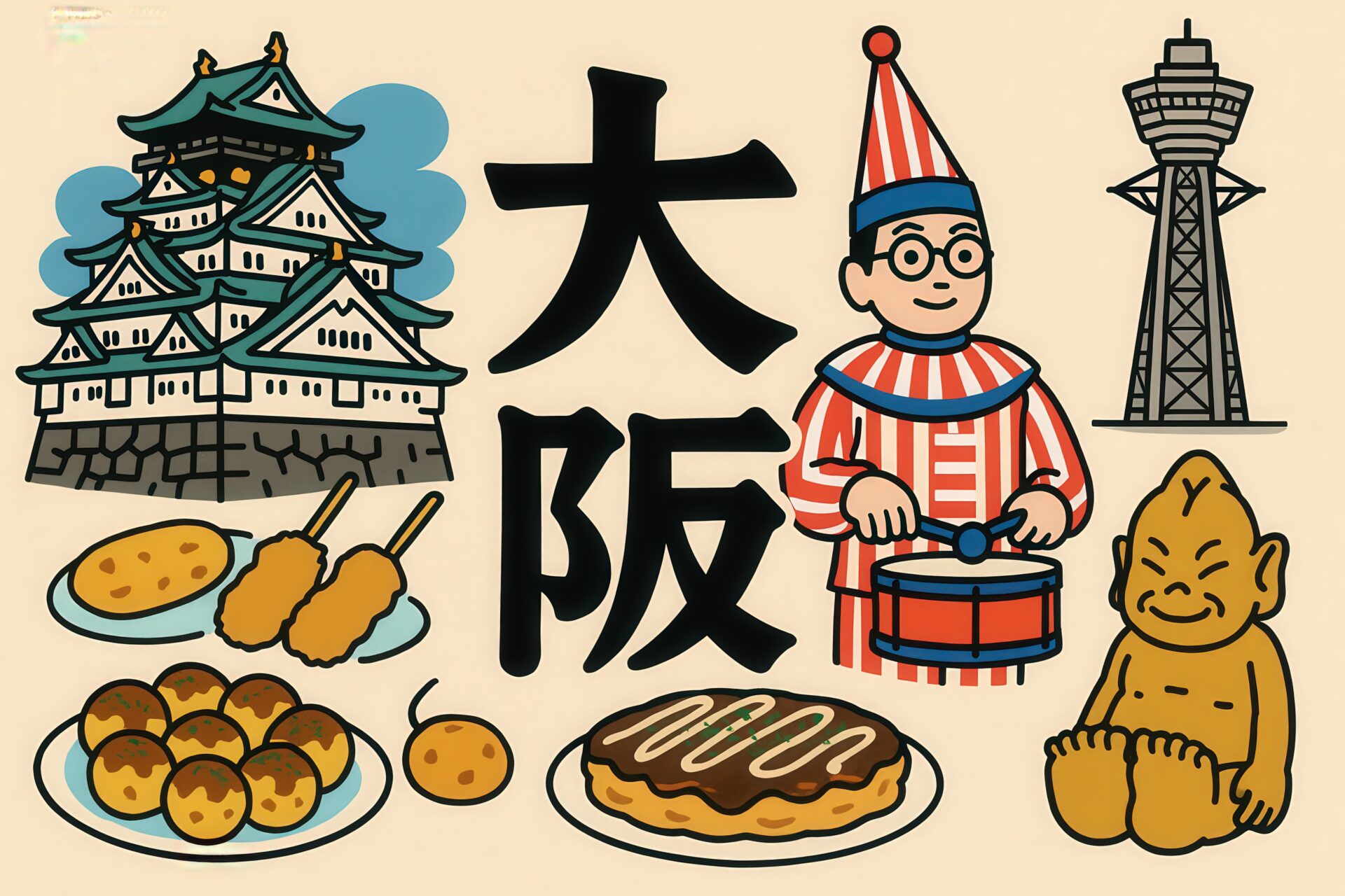 大阪の文字を中心に観光要素が集まったイラスト