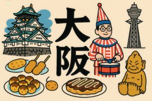 大阪の文字を中心に観光要素が集まったイラスト