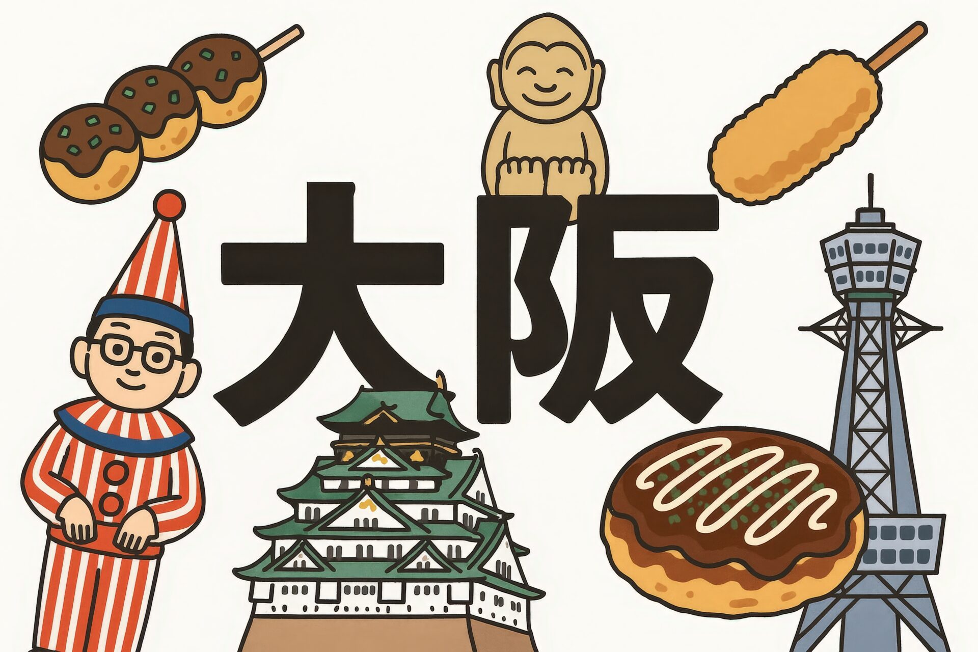 大阪の文字を中心に観光要素が集まったイラスト