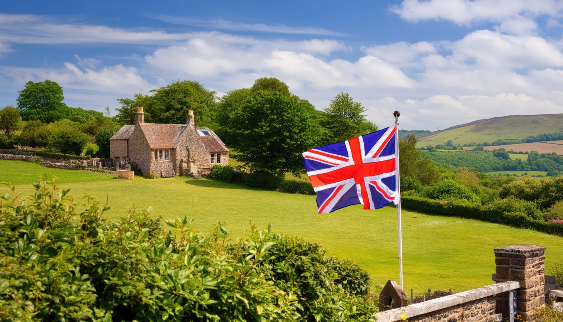 農村の家とイギリス国旗