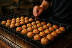 鉄板で焼かれるきつね色のたこ焼き
