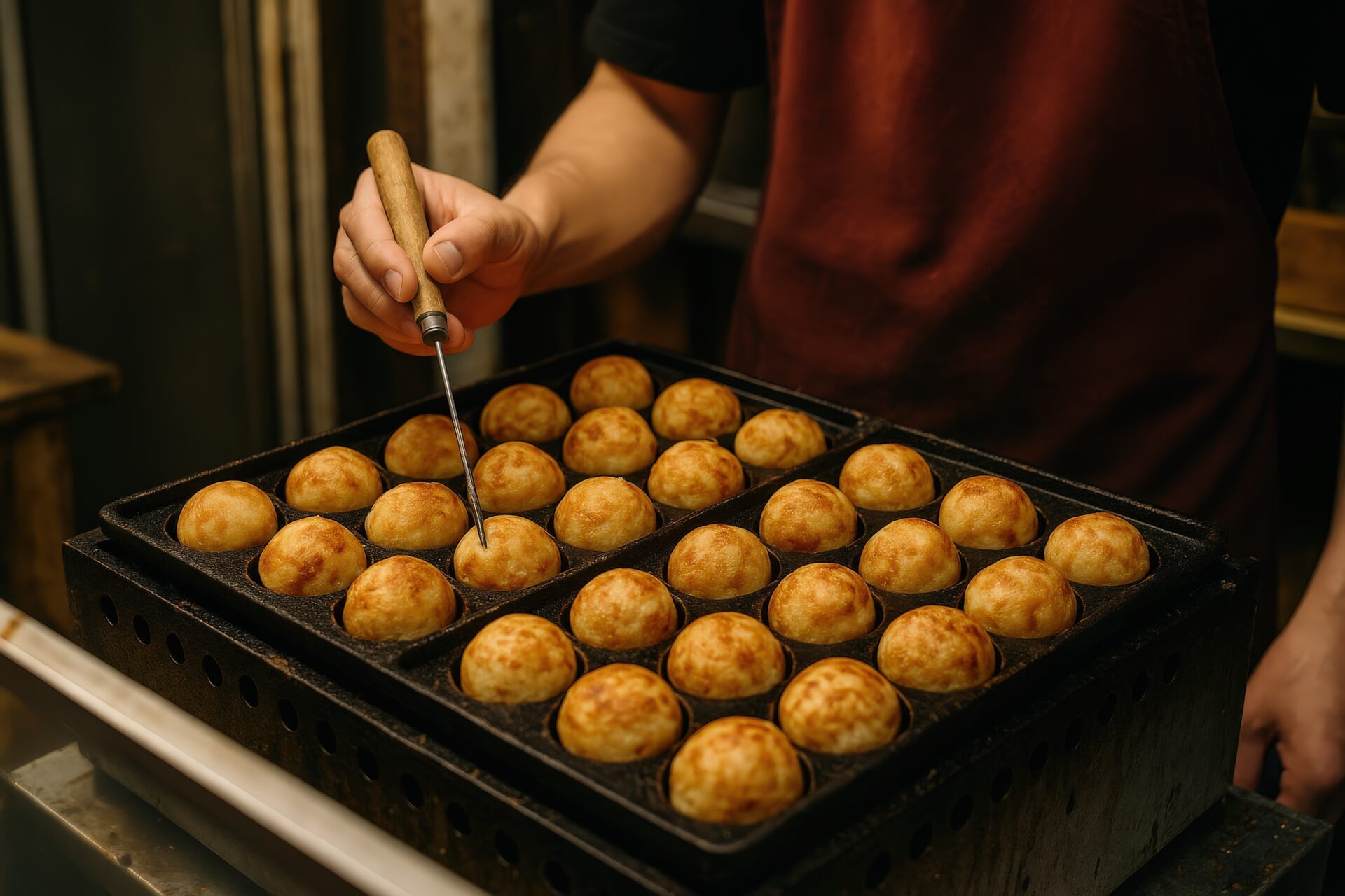 たこ焼きを丁寧に焼く職人の手元