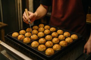たこ焼きを丁寧に焼く職人の手元