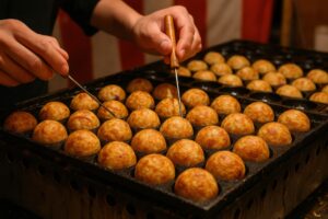 手早くたこ焼きをひっくり返す職人の手元