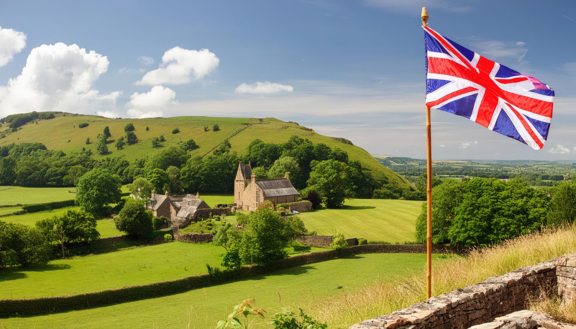 丘の上の建物と掲げられたイギリス国旗