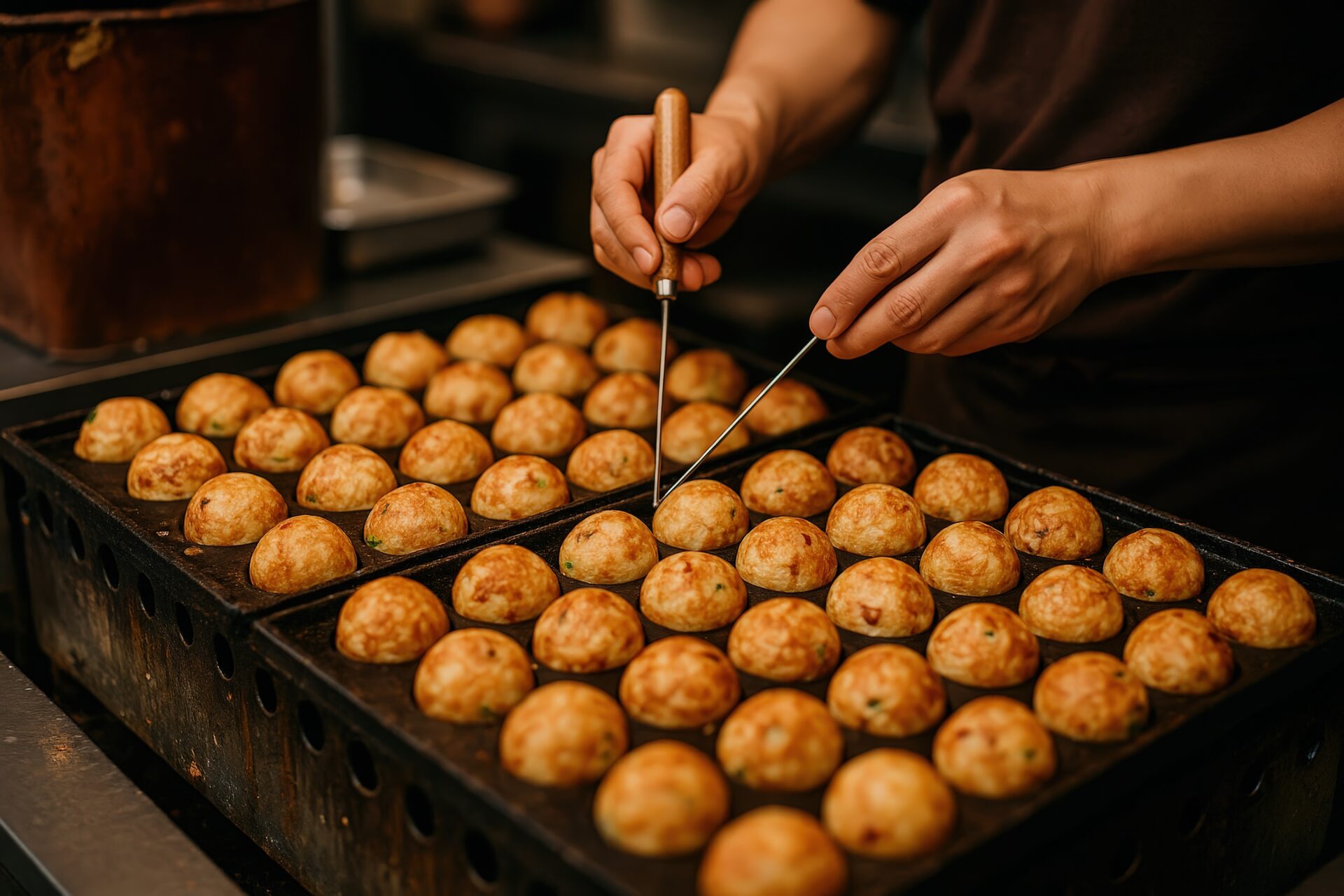 屋台の鉄板で焼かれる大量のたこ焼き
