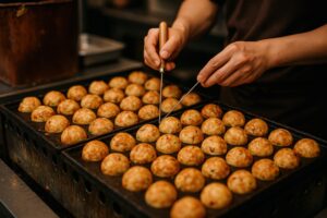 屋台の鉄板で焼かれる大量のたこ焼き