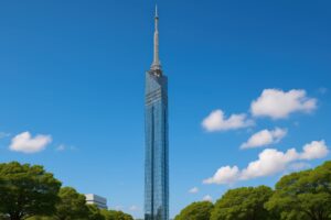 福岡タワーと青空に映えるガラス張りの高層建築