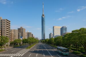 都市の大通り越しに望む福岡タワー