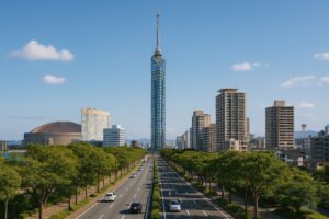 都市にそびえ立つ福岡タワーとビル群
