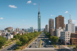 福岡タワーと都市高速道路の景観