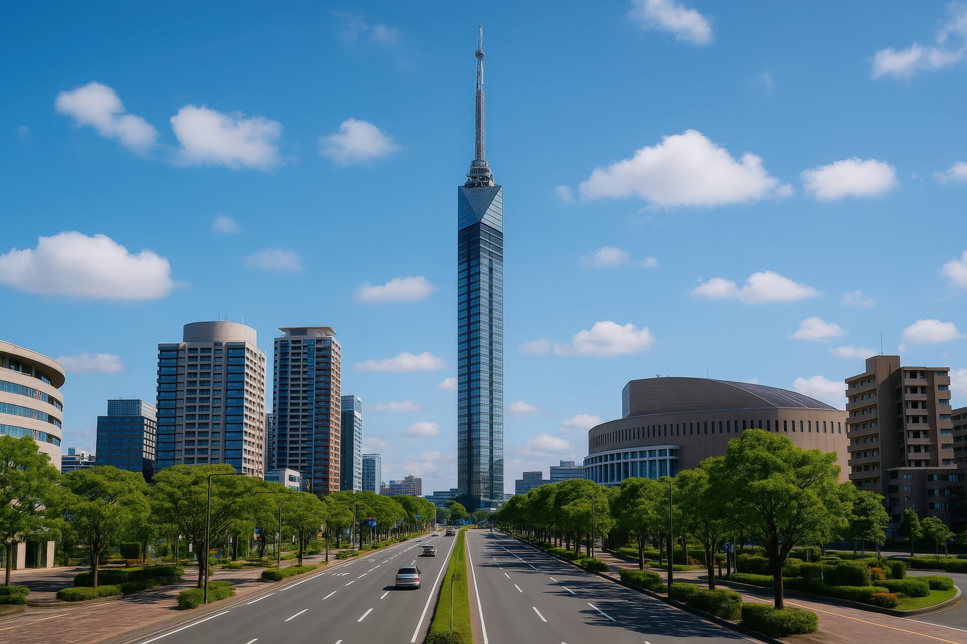 都市の中心に立つ福岡タワーと街並み