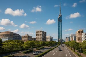 福岡タワーと円形のホールを含む都市風景
