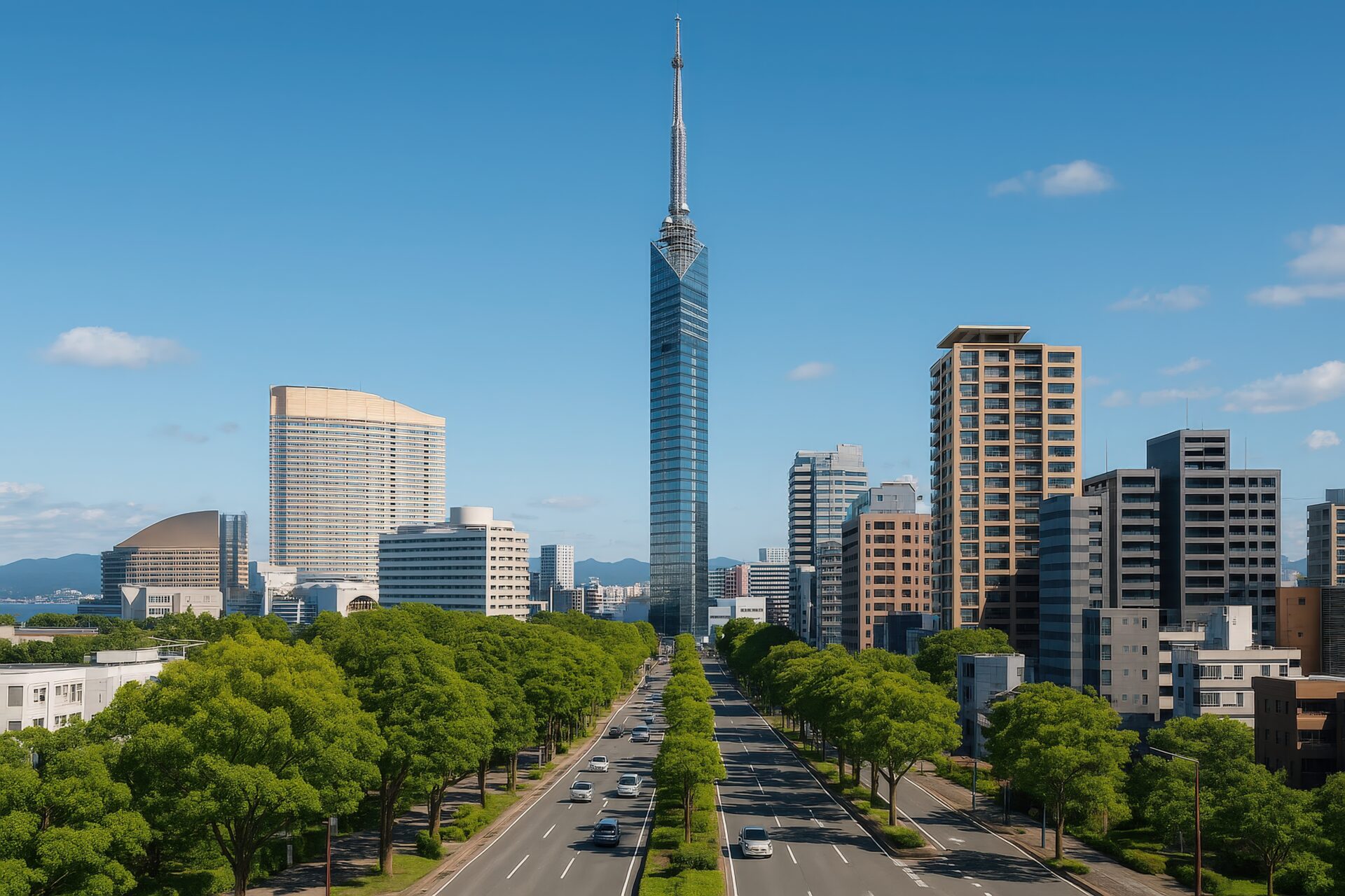 斜めから見た福岡タワーと青空の都市風景
