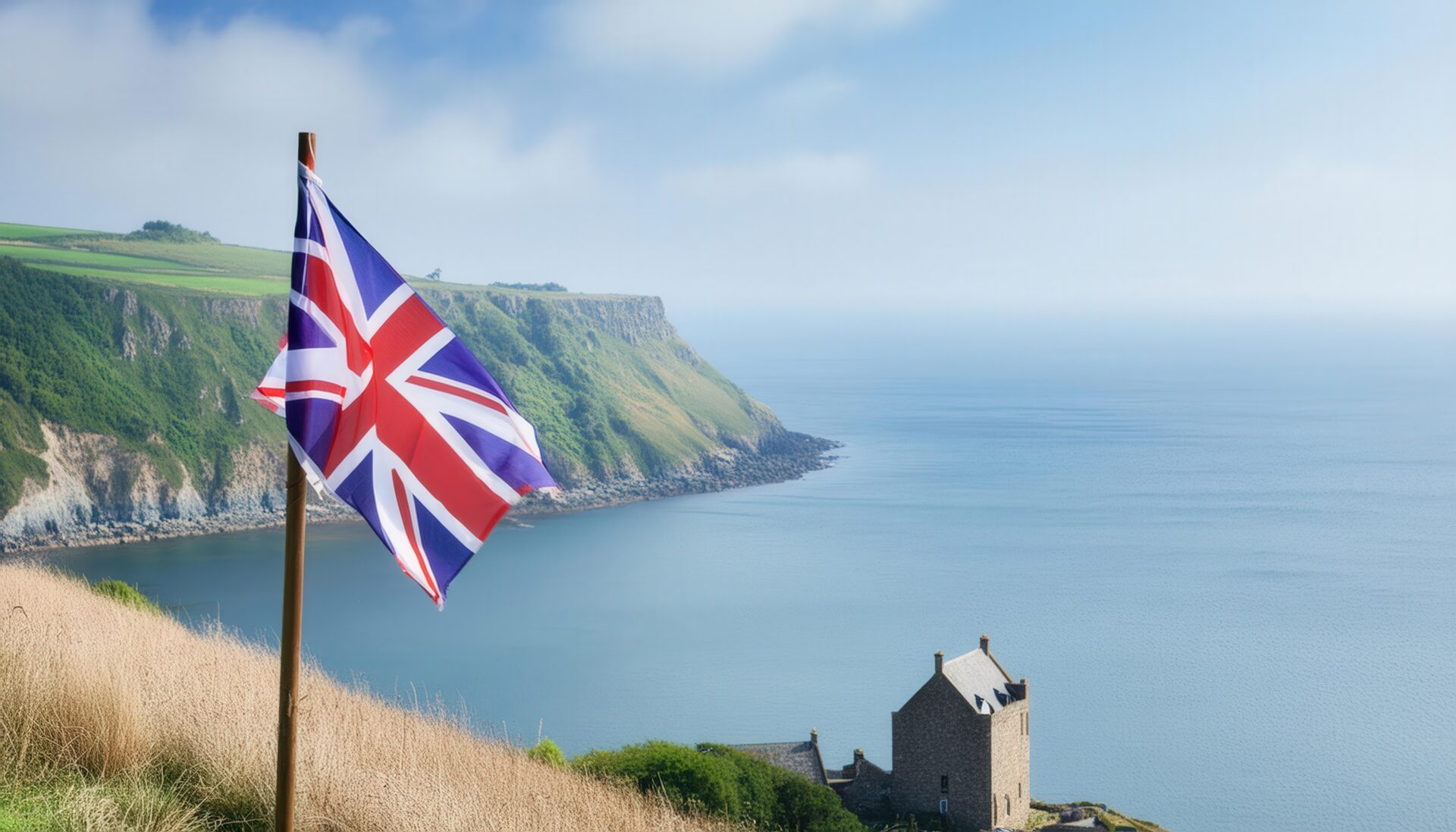 海岸の風景とイギリス国旗