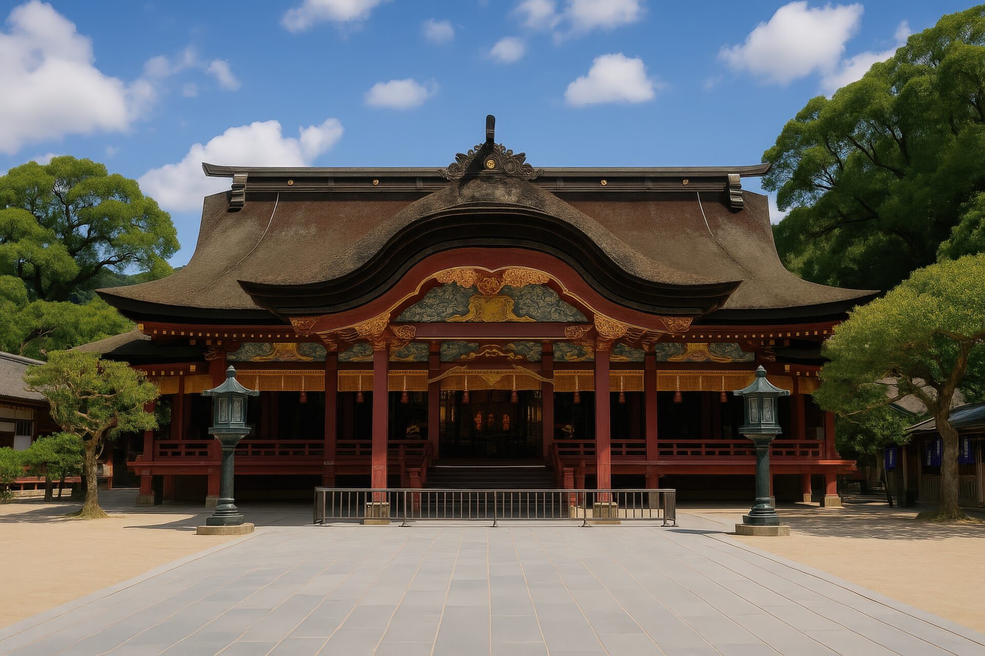 青空の下に佇む太宰府天満宮の荘厳な本殿