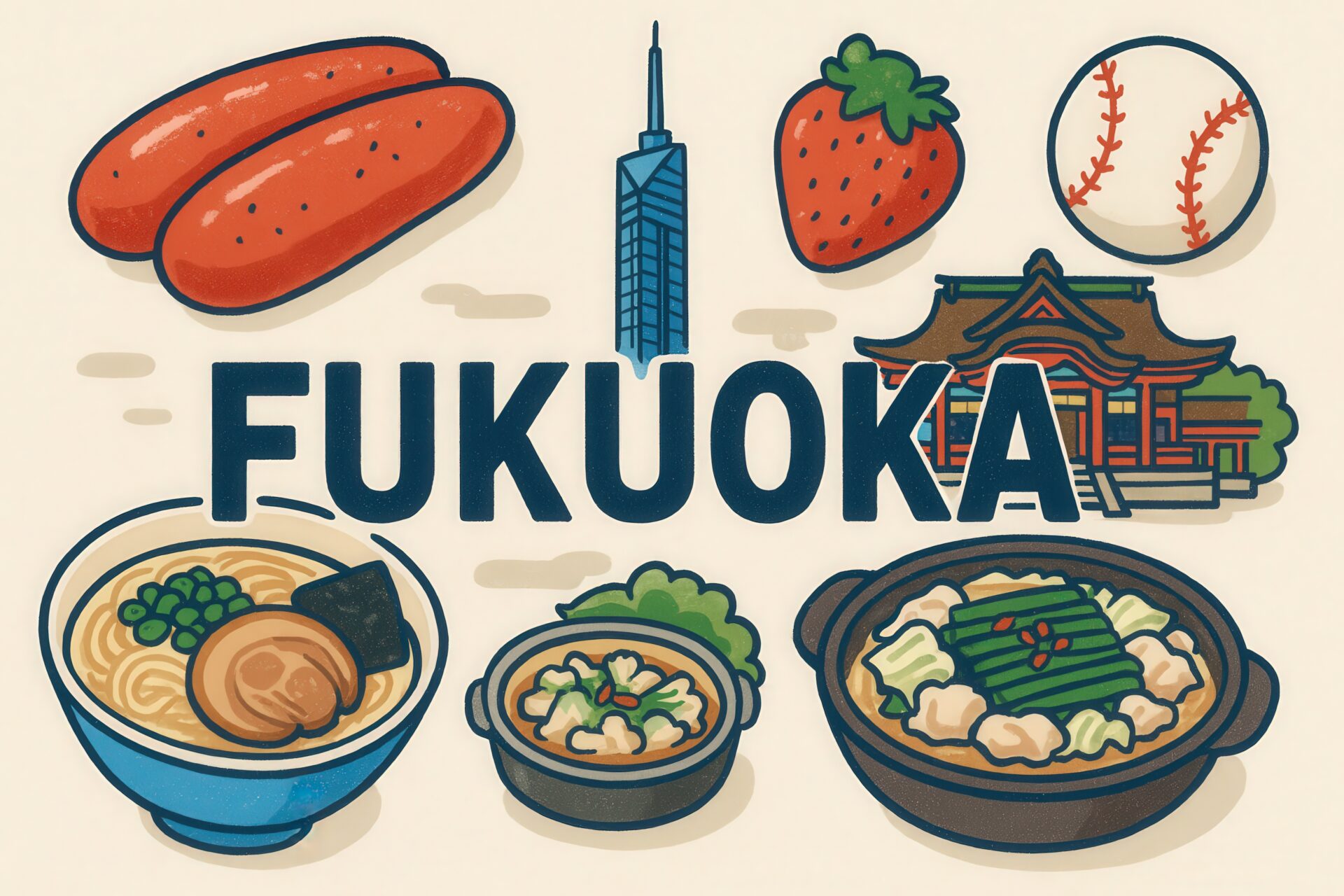 福岡の名物を集めたレトロ風イラスト