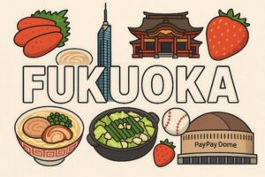 福岡の特産品と観光名所を描いたポップなイラスト