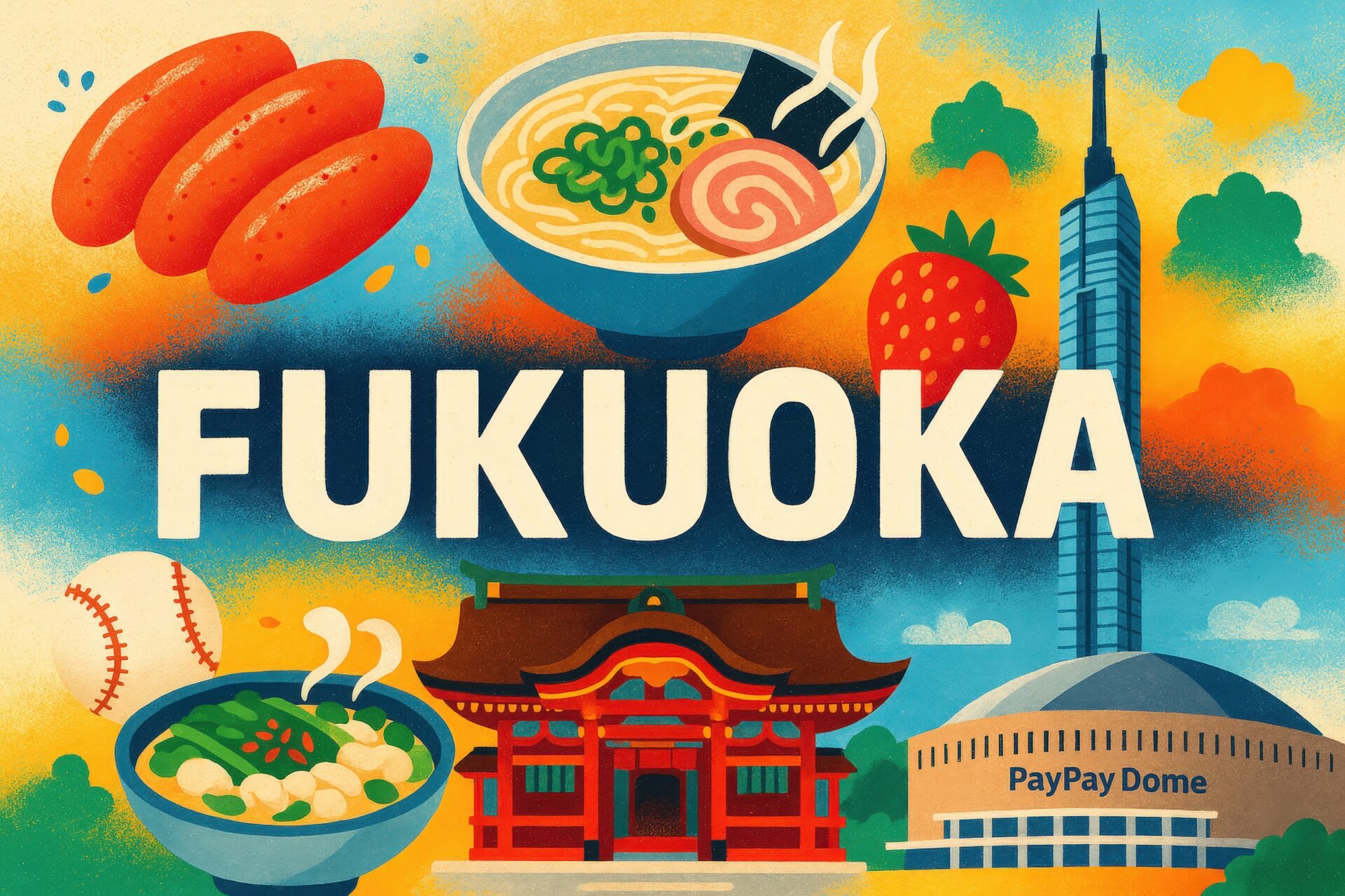 福岡のランドマークと名物料理をカラフルに表現したイラスト