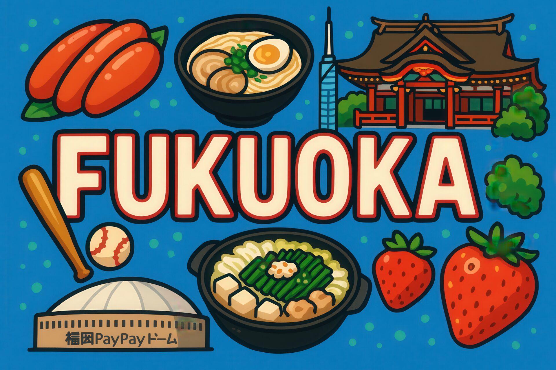 福岡の名物と観光地を紹介するカートゥーン風イラスト