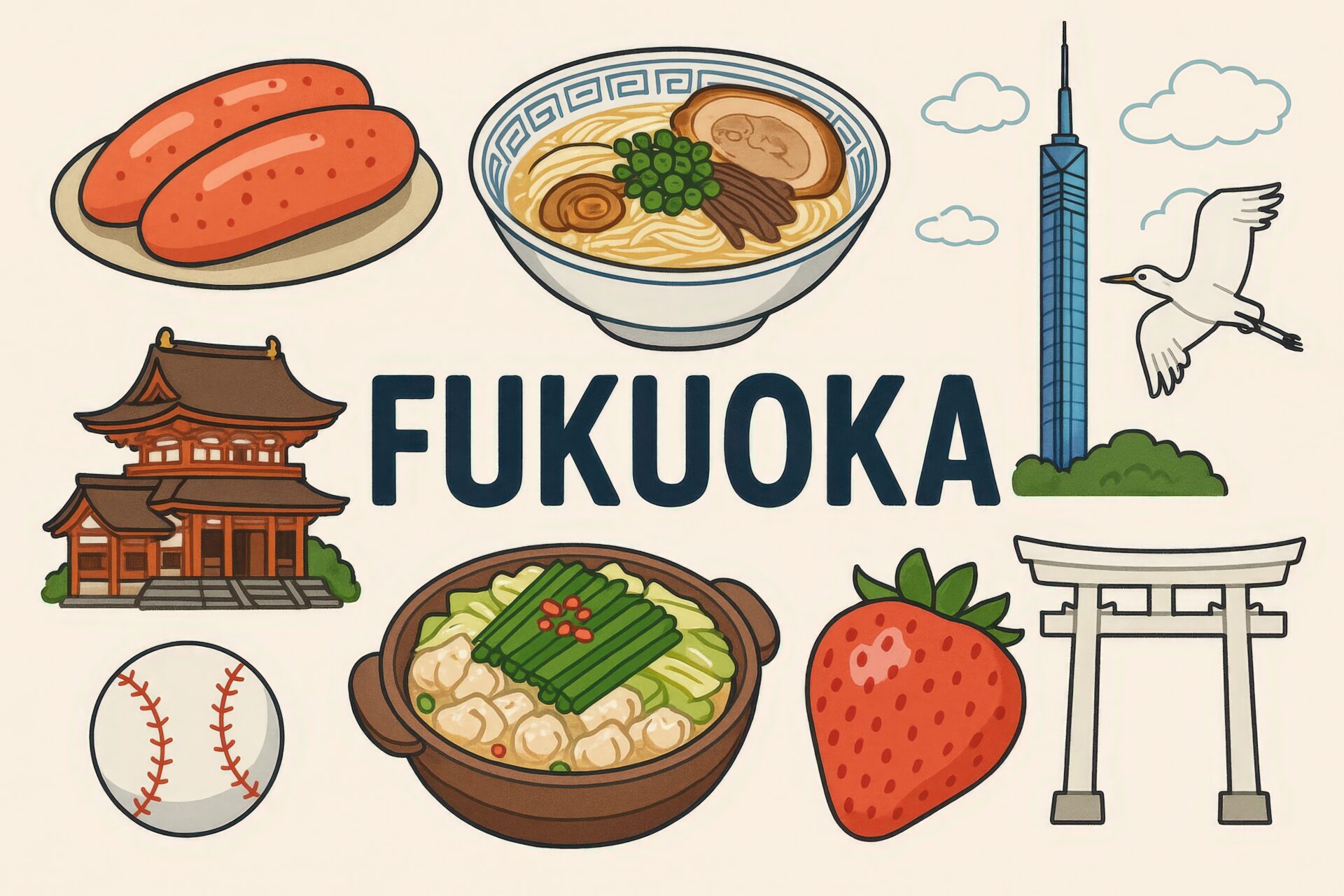 福岡のグルメと観光名所を紹介するシンプルな構成のイラスト