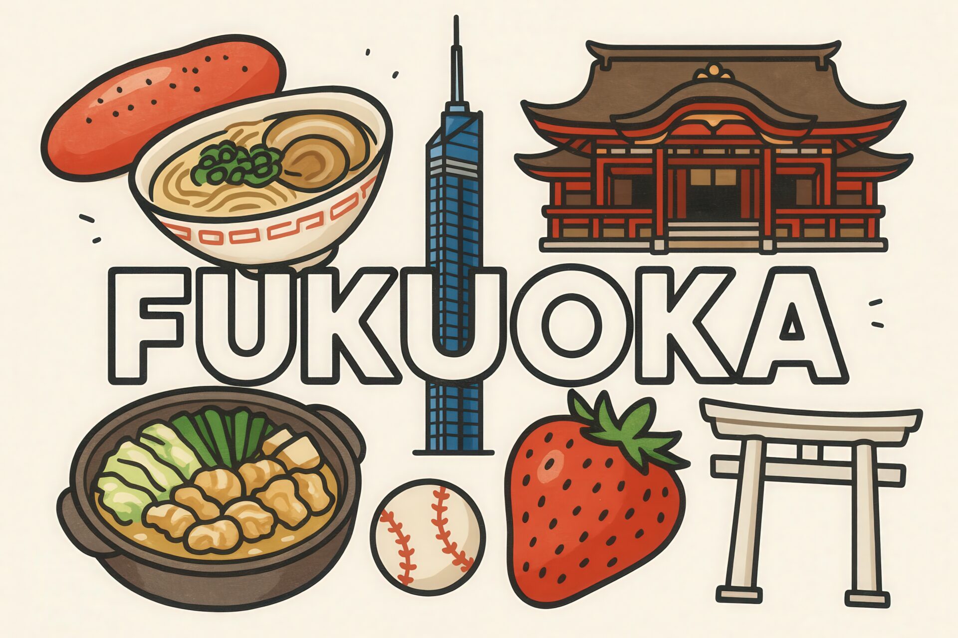 福岡を象徴する食と文化を盛り込んだイラスト