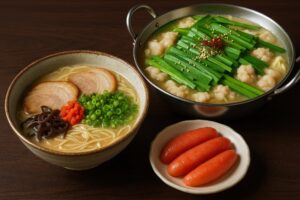福岡名物のラーメン・もつ鍋・明太子を並べた料理写真