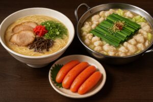 博多名物のとんこつラーメンともつ鍋と明太子のセット