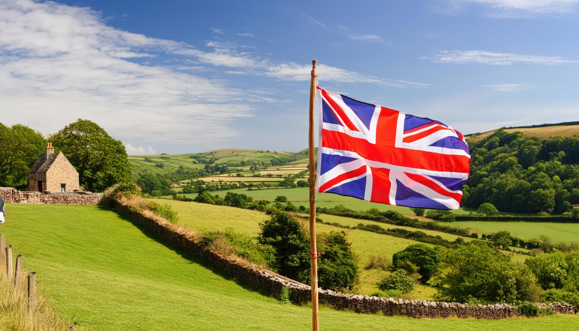 農村地帯を背景にたなびくユニオンジャック