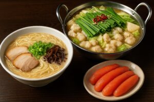 博多豚骨ラーメンともつ鍋と明太子が並んだ和食イメージ