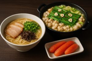 福岡の三大グルメを並べたシンプルな和食構成