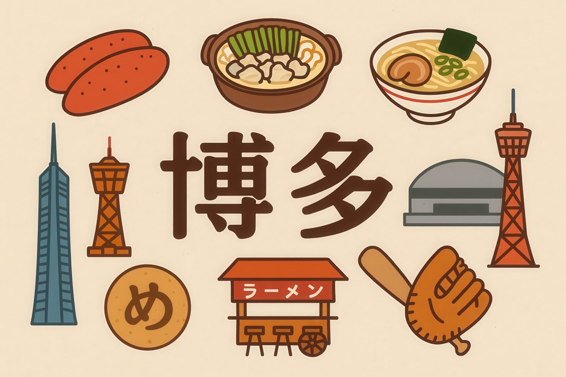 福岡の名物が並ぶ博多のイラスト構成