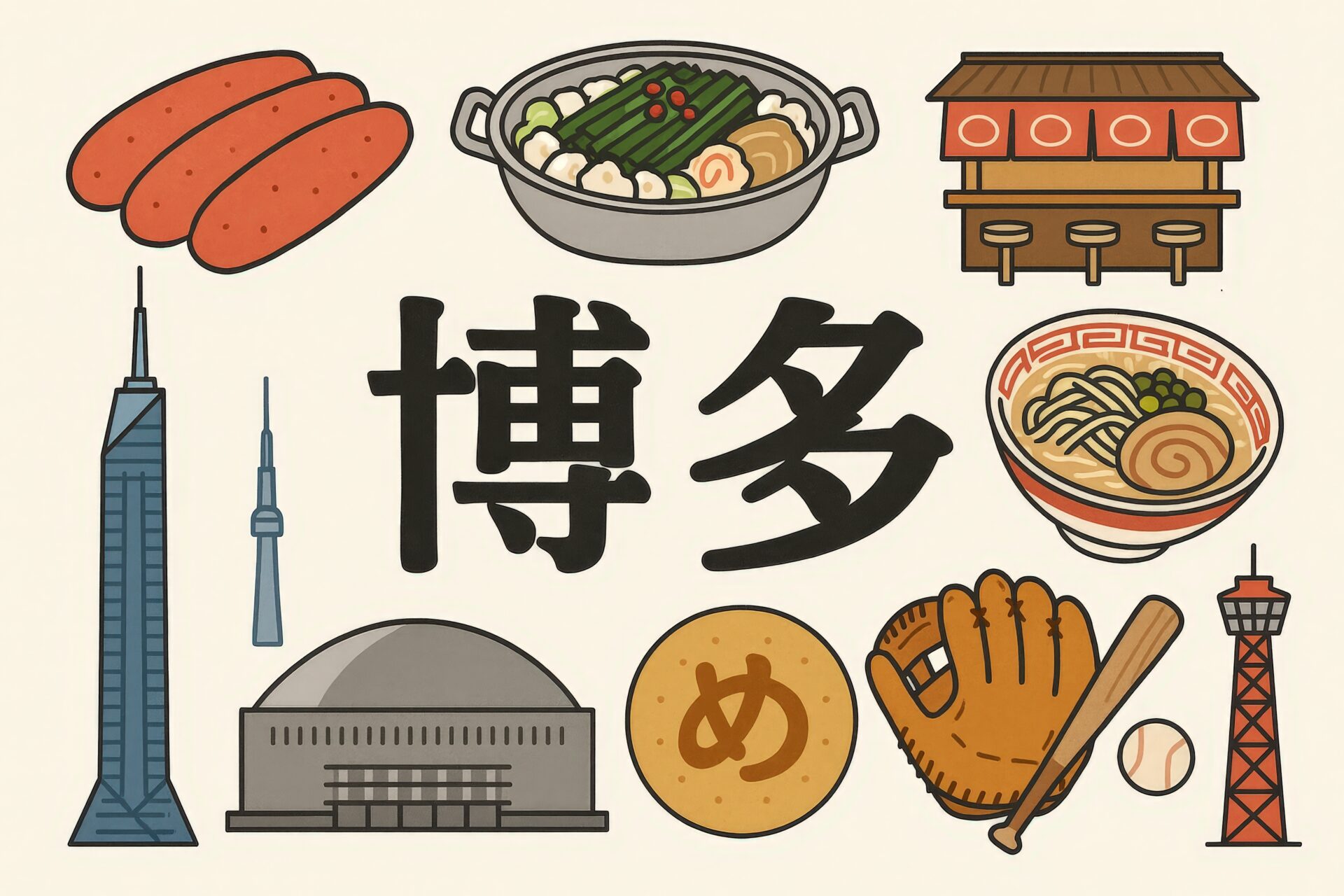 屋台やグルメを楽しめる博多のイメージイラスト