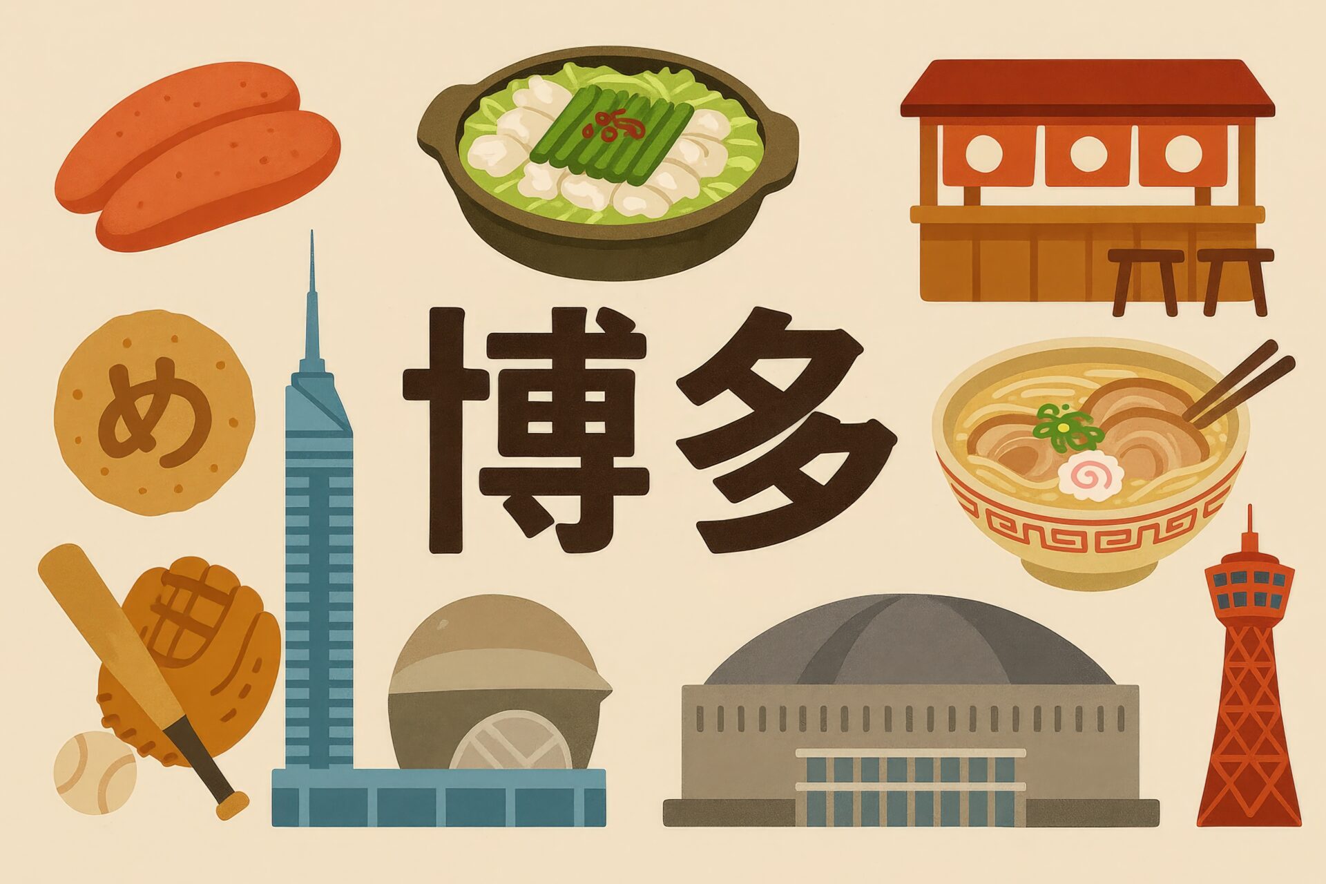福岡名物が一堂に会する博多のポスター風イラスト