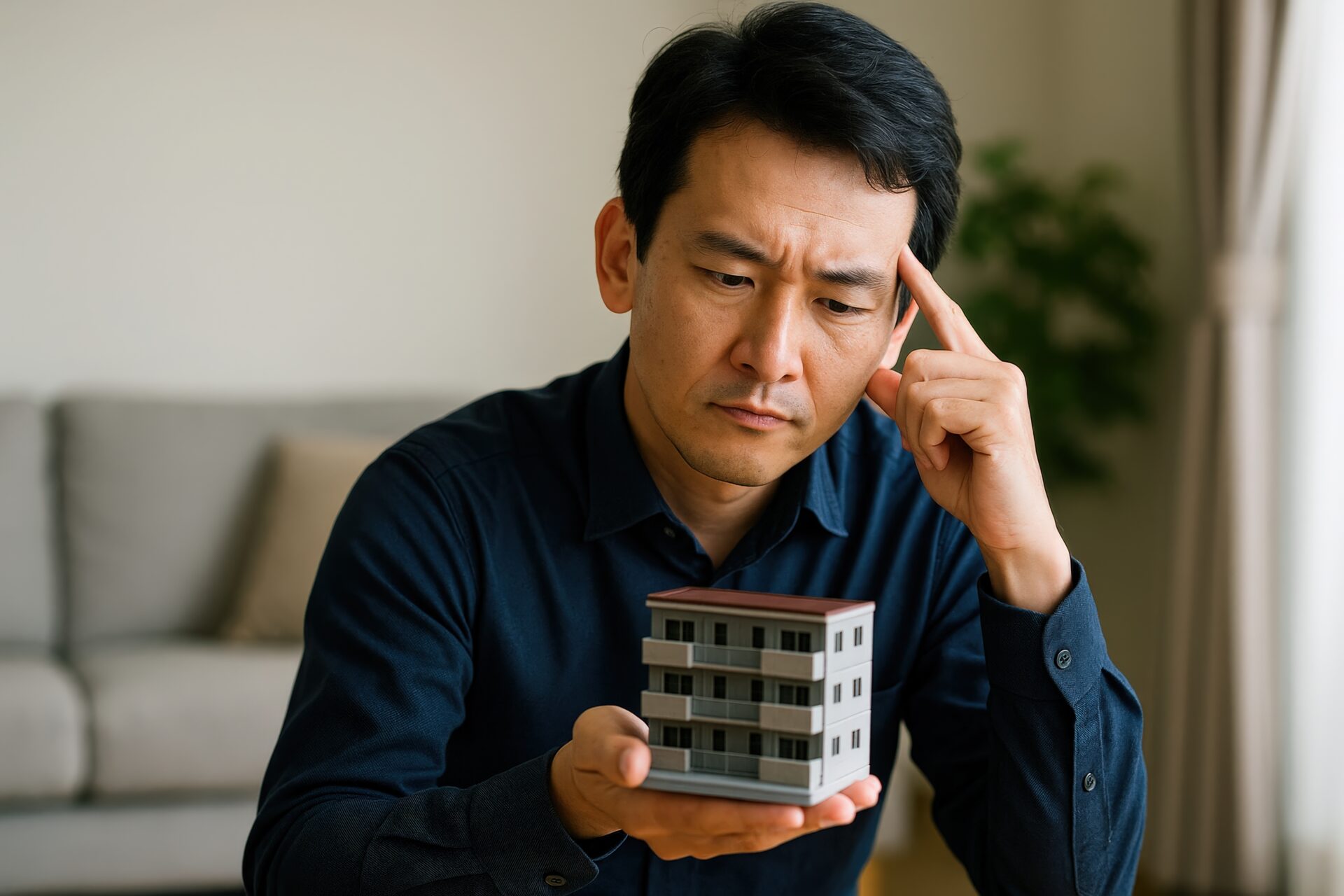 アパート模型を手に悩む表情の男性