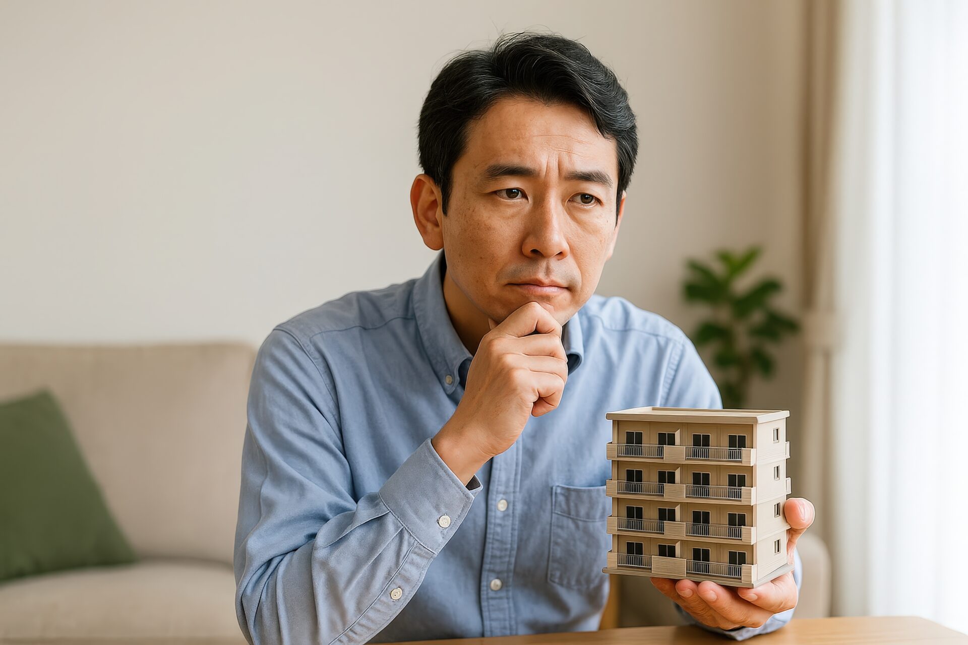 マンション模型を見て考える中年男性
