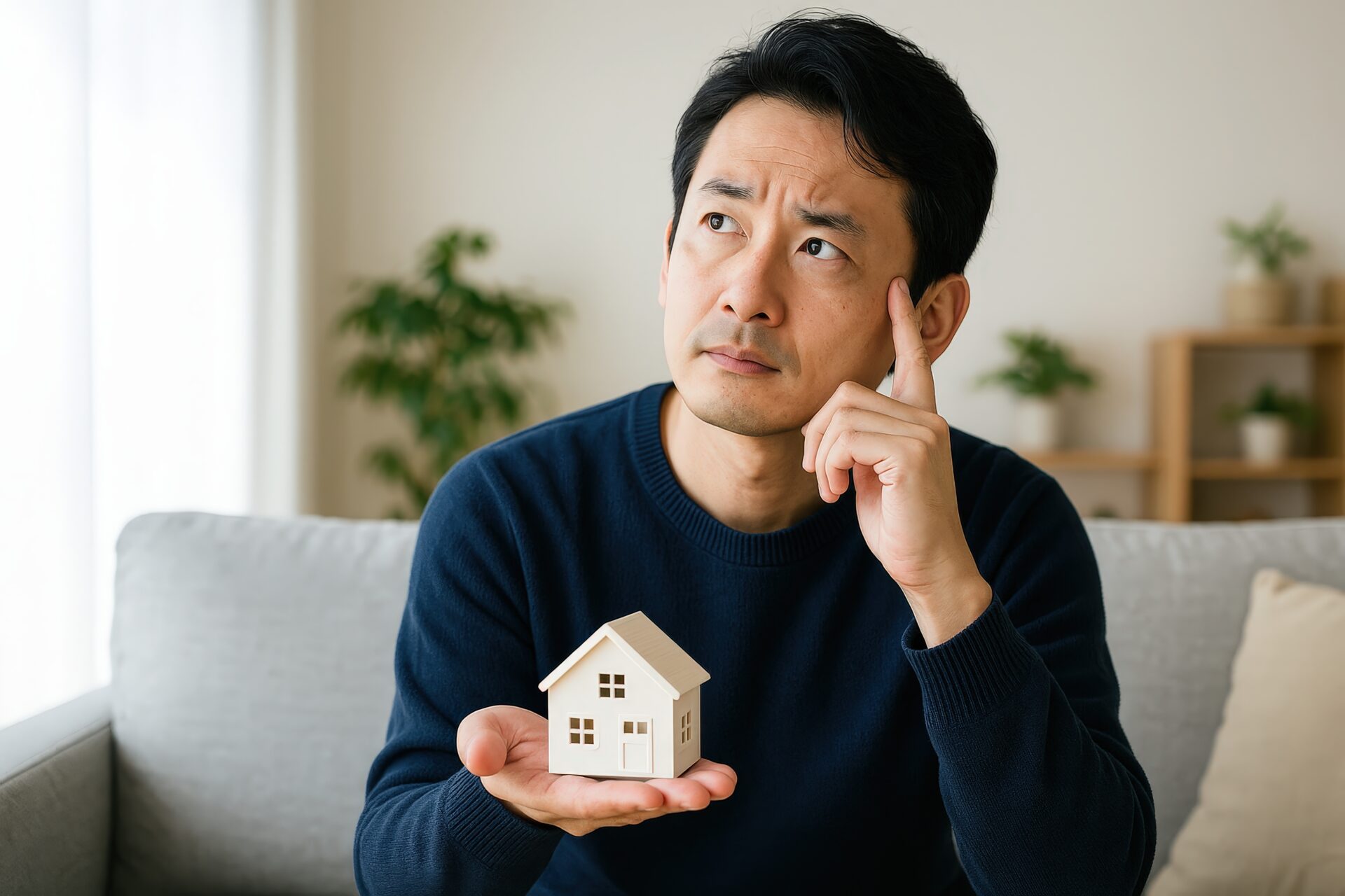 戸建て住宅の模型を見つめる悩み顔の男性