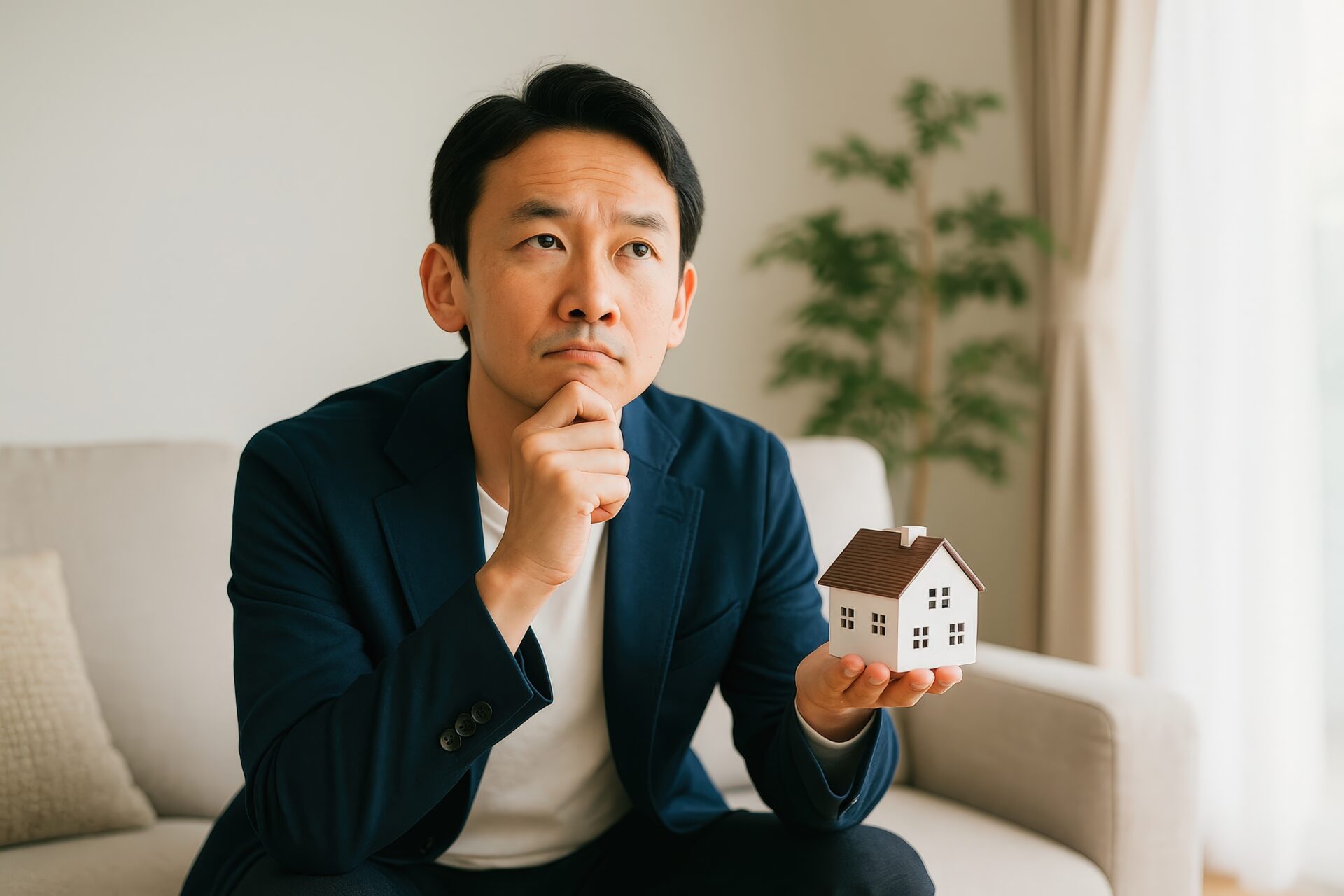 マイホームを見つめて考え込む男性