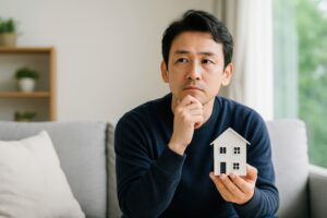 家の購入に悩む男性のイメージカット