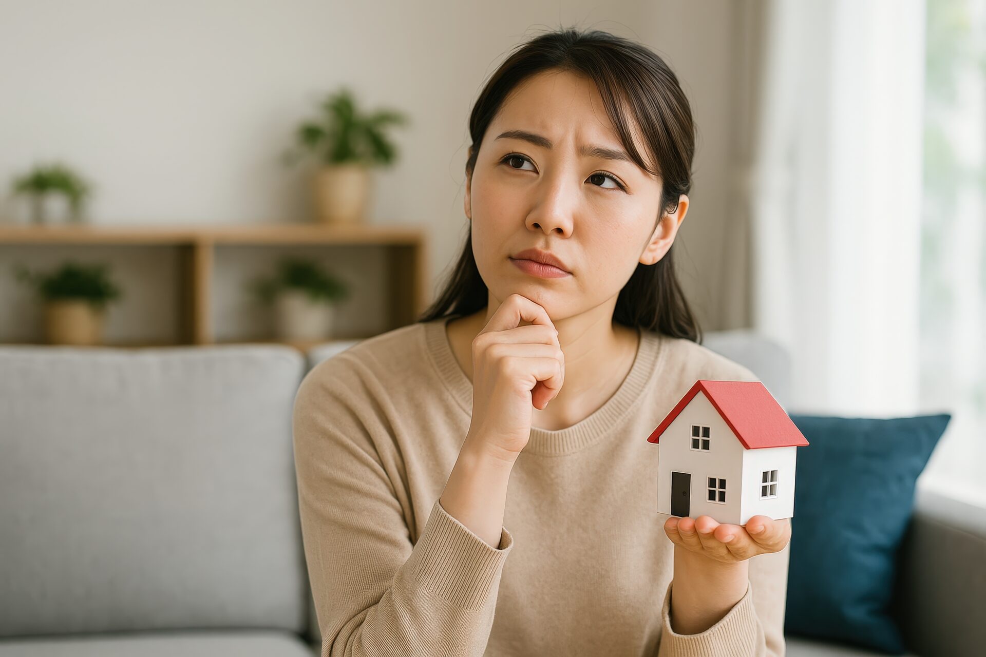 家の模型を持ちながら考え込む若い女性