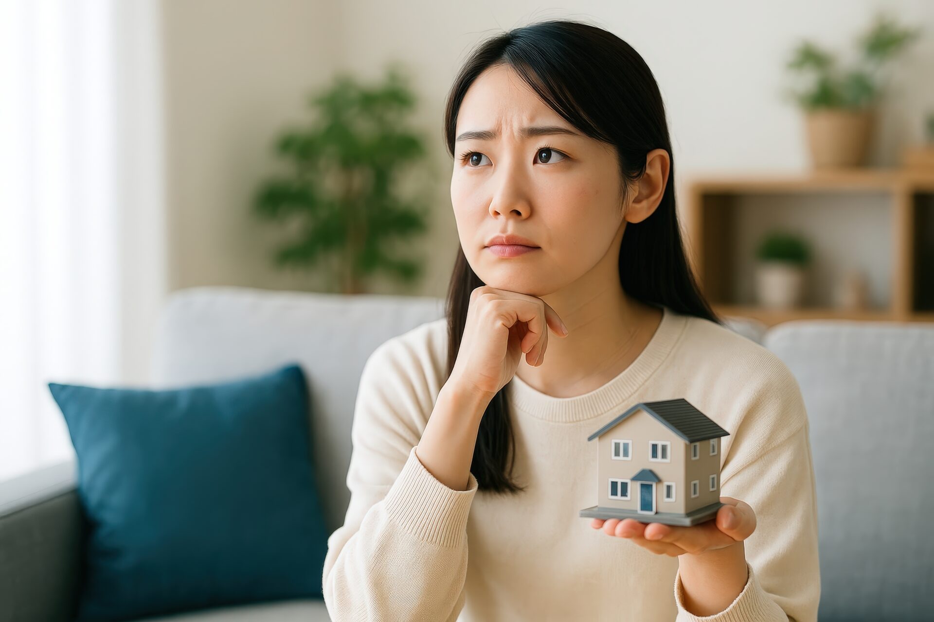 家の模型を見つめて悩む若い女性