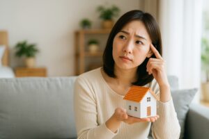 住宅模型を手にして考え事をする若い女性